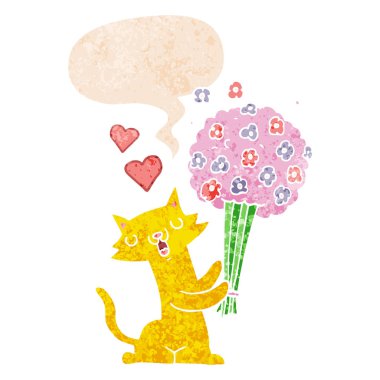 retro metin çiçek ve konuşma balonu aşık karikatür kedi