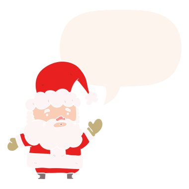 retro tarzında karikatür noel baba sallayarak ve konuşma balonu
