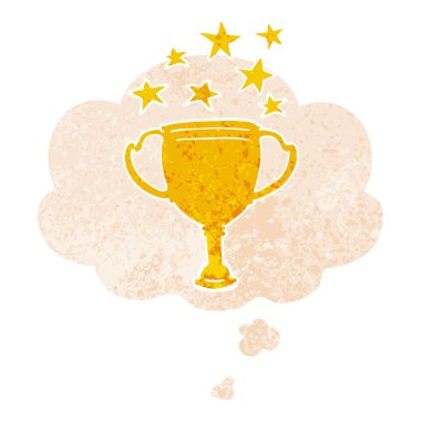 retro dokulu tarzı karikatür spor kupa ve düşünce balonu