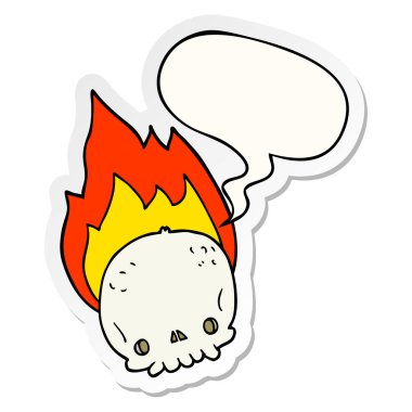 ürkütücü karikatür yanan kafatası ve konuşma kabarcık etiket