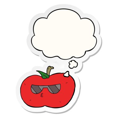 karikatür serin elma ve baskılı bir etiket olarak kabarcık düşünce