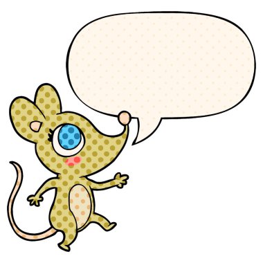 çizgi roman tarzında sevimli karikatür fare ve konuşma balonu