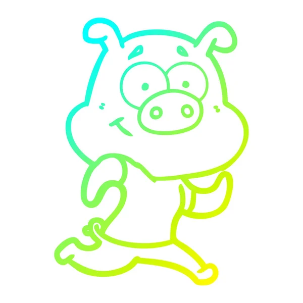 冷たいグラデーションラインは幸せな漫画の豚の実行を描く — ストックベクタ