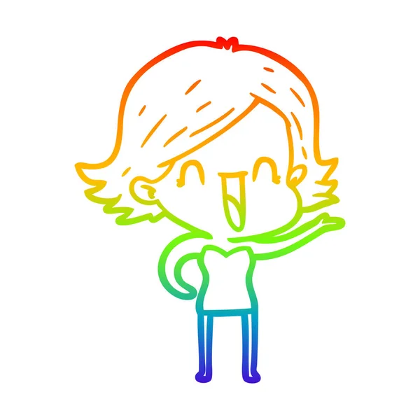 Regenboog gradiënt lijntekening cartoon gelukkige vrouw — Stockvector