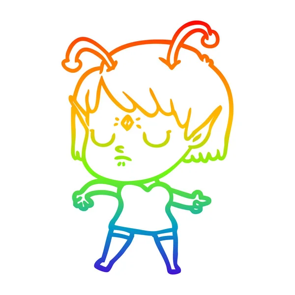 虹のグラデーションライン描画漫画エイリアンの女の子 — ストックベクタ