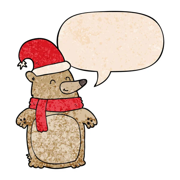 Cartoon christmas bear and speech bubble in retro texture style — Stock Vector