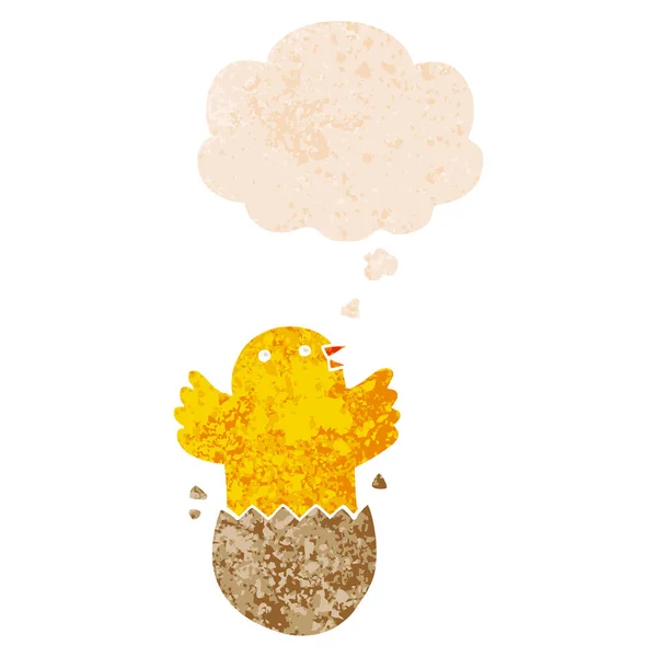 Oiseau à éclosion de dessin animé et bulle de pensée dans un style texturé rétro — Image vectorielle