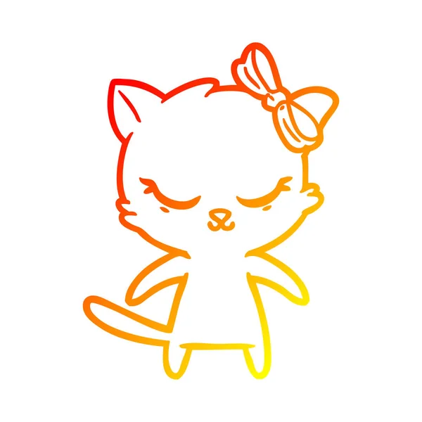 Linha gradiente quente desenho bonito desenho animado gato com arco — Vetor de Stock