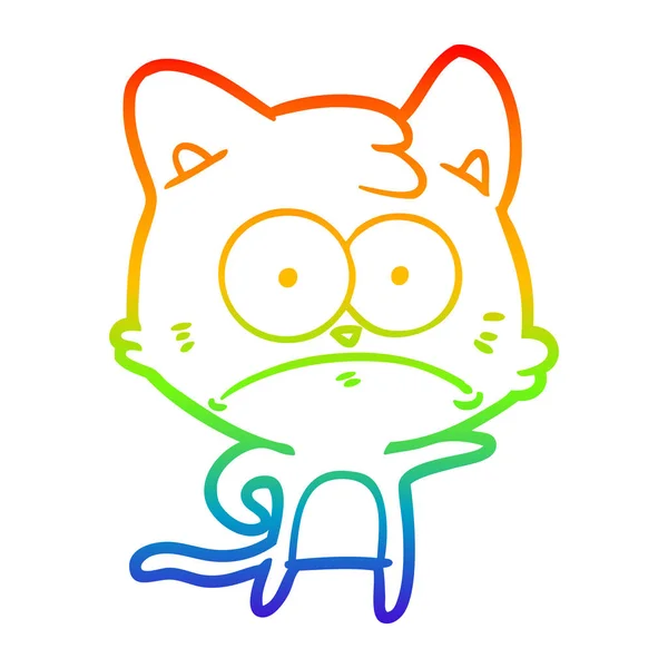 Rainbow gradient line drawing cartoon nervous cat — Stock Vector