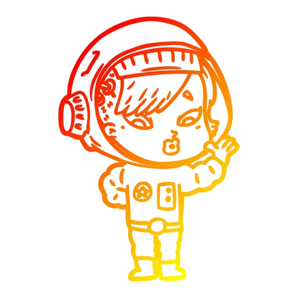 Línea de gradiente caliente dibujo dibujos animados astronauta mujer — Vector de stock