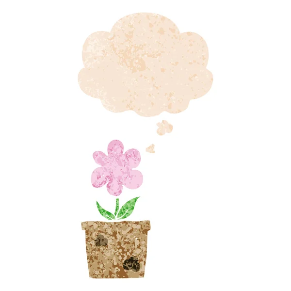 Słodkie kreskówka kwiat i myśl bańka w stylu retro teksturowane — Wektor stockowy