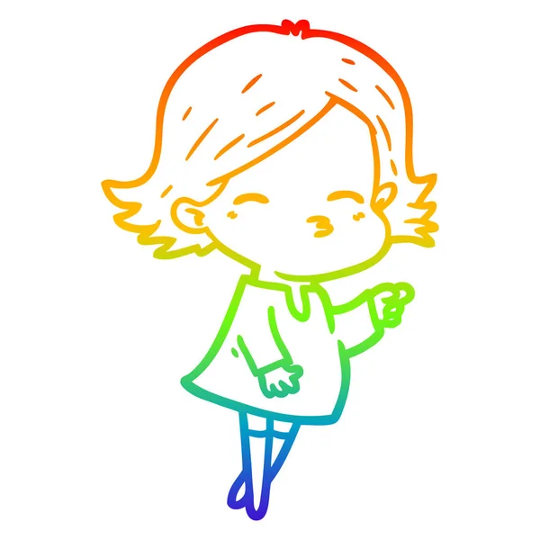 Rainbow gradient ligne dessin dessin animé femme pointant — Image vectorielle