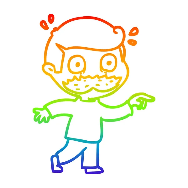 Linea gradiente arcobaleno disegno uomo cartone animato con baffi scioccato — Vettoriale Stock