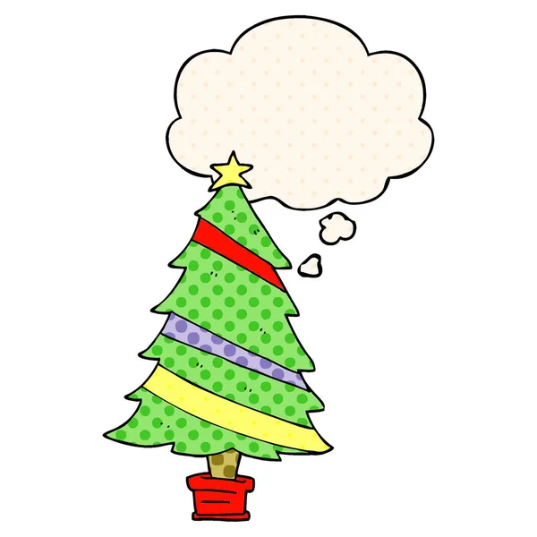 Árbol de Navidad de dibujos animados y burbuja de pensamiento en estilo de cómic — Vector de stock