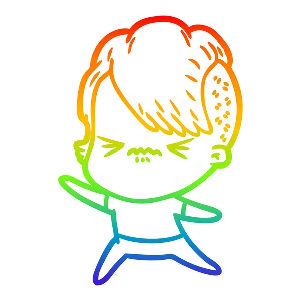 Arcobaleno gradiente linea disegno cartone animato infastidito hipster ragazza — Vettoriale Stock