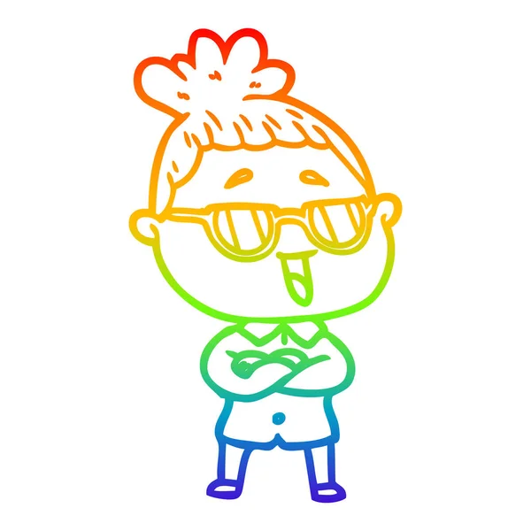 Rainbow gradient ligne dessin dessin animé femme heureuse portant specta — Image vectorielle