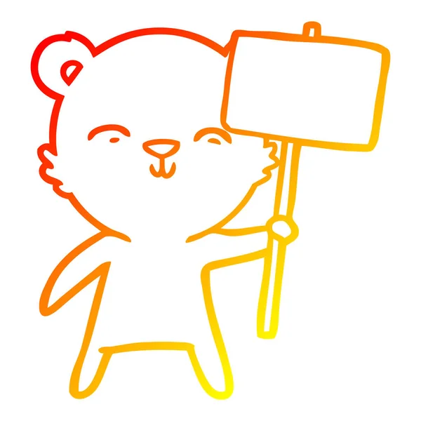 Linha gradiente quente desenho feliz urso dos desenhos animados com sinal — Vetor de Stock