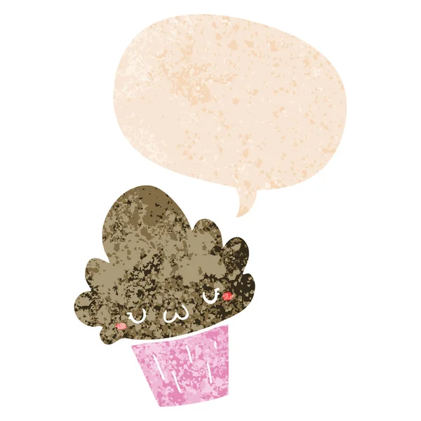 Cartoon-Cupcake mit Gesicht und Sprechblase in retro texturierten st — Stockvektor