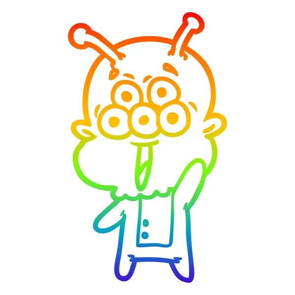 Rainbow gradient line drawing happy cartoon alien — Stock Vector