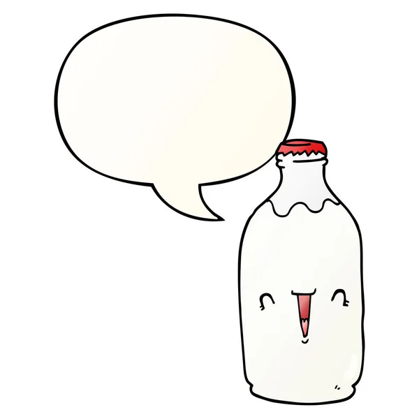 Roztomilá kreslená láhev s mlékem a řečová bublina v plynulém gradientu — Stockový vektor