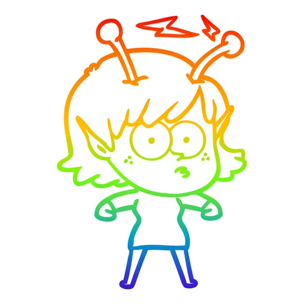 Arcobaleno gradiente linea disegno cartone animato ragazza aliena — Vettoriale Stock