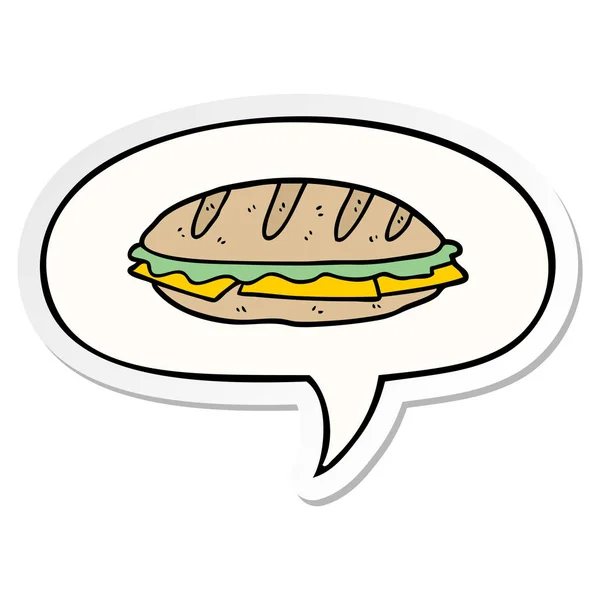 Karikatür chesse sandviç ve konuşma kabarcık etiket — Stok Vektör