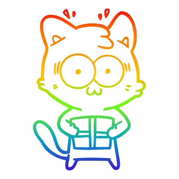 Arco iris gradiente línea dibujo dibujos animados sorprendido gato con christm — Vector de stock