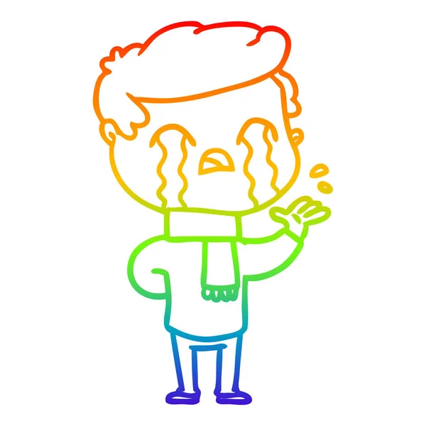 Arco iris gradiente línea dibujo dibujos animados hombre llorando vistiendo invierno — Vector de stock