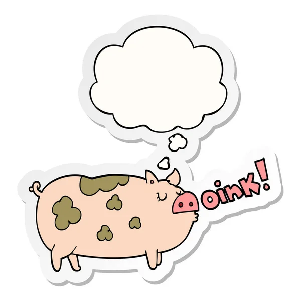 Karikatür merhem domuz ve baskılı bir etiket olarak kabarcık düşünce — Stok Vektör