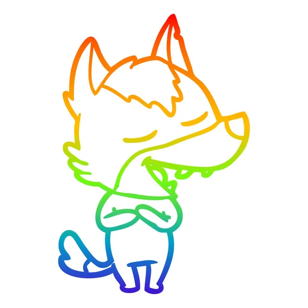 Rainbow gradient ligne dessin dessin animé loup rire — Image vectorielle