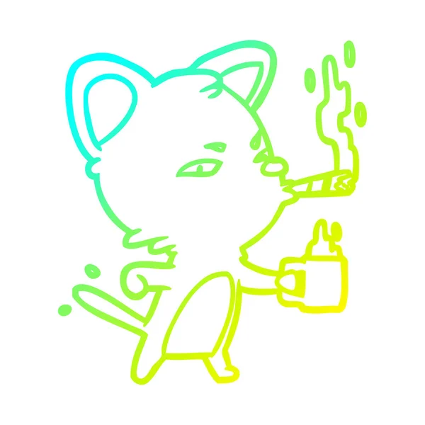 Холодная градиентная линия рисования серьезный бизнес-кот с кофе и — стоковый вектор