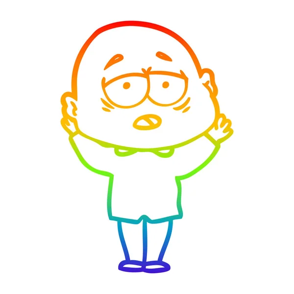 Rainbow gradien line drawing cartoon tired bald man - Stok Vektor