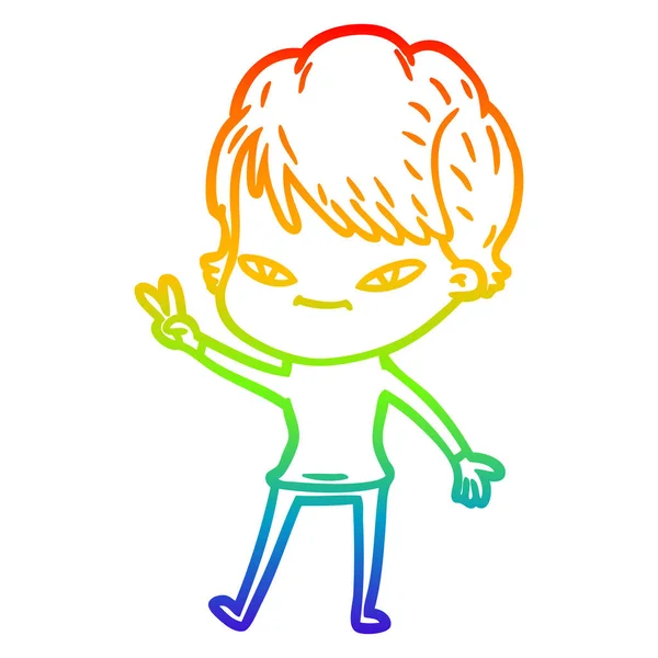 Rainbow gradient linje ritning tecknad lycklig kvinna — Stock vektor