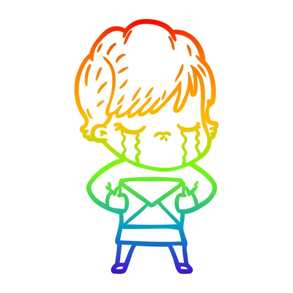 Arco-íris linha gradiente desenho cartoon mulher chorando — Vetor de Stock