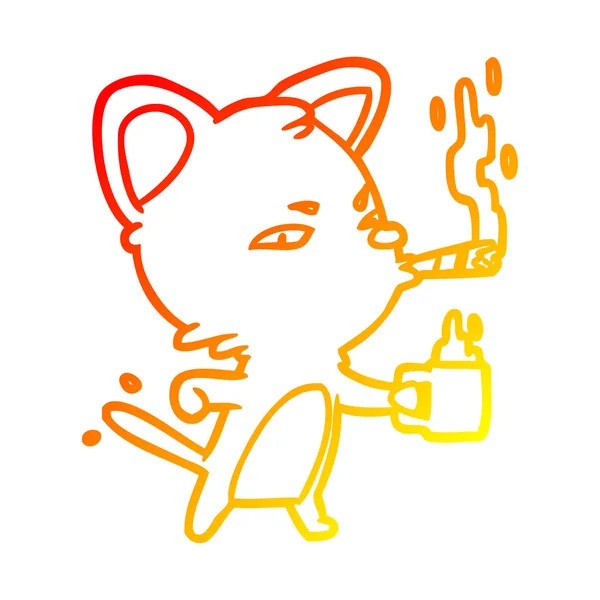 Línea de gradiente caliente dibujo serio gato de negocios con café y — Vector de stock