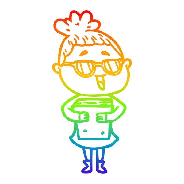 Rainbow gradient line drawing cartoon happy woman wearing specta — Stock Vector