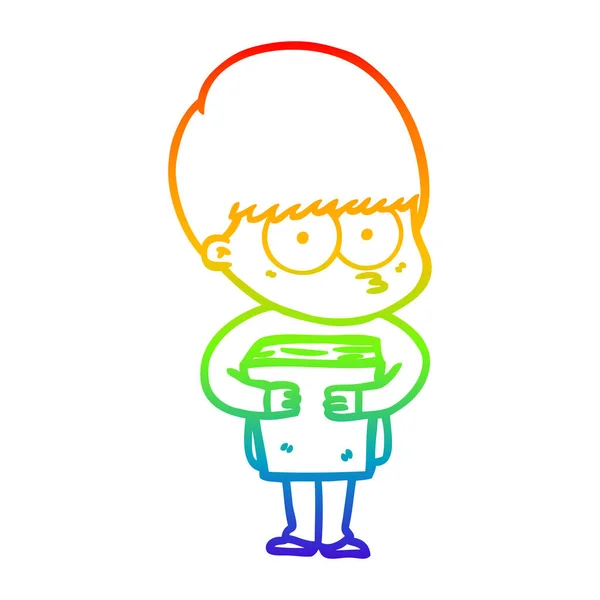 Regenboog gradiënt lijntekening nerveuze cartoon jongen Holding boek — Stockvector