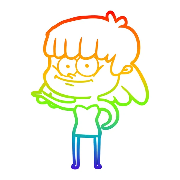 Rainbow gradient line drawing cartoon smiling woman — Stock Vector