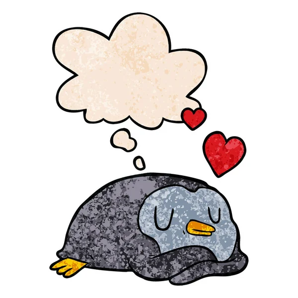 Grunge doku pat içinde aşk ve düşünce balonu karikatür penguen — Stok Vektör