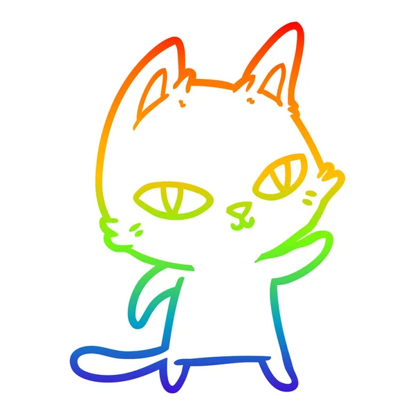 Rainbow gradient line drawing cartoon cat staring — Stock Vector