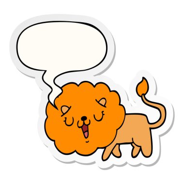 sevimli karikatür aslan ve konuşma kabarcık etiket