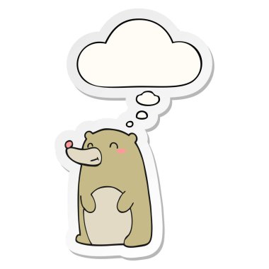 sevimli karikatür ayı ve baskılı bir etiket olarak kabarcık düşünce