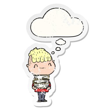 kitap ve düşünce balonu ile karikatür dostu çocuk bir sıkıntı olarak