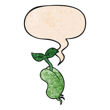 retro doku tarzında karikatür filizlenen tohum ve konuşma balonu