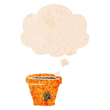retro dokulu tarzında karikatür bitki saksı ve düşünce balonu