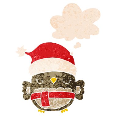 retro dokulu tarzı sevimli noel baykuş ve düşünce balonu