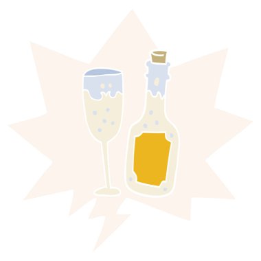 retro st karikatür şampanya şişesi ve cam ve konuşma balonu