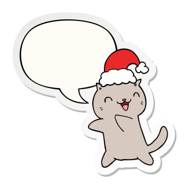 sevimli karikatür noel kedi ve konuşma kabarcık etiket