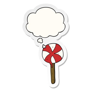 karikatür lolipop ve baskılı bir etiket olarak kabarcık düşünce