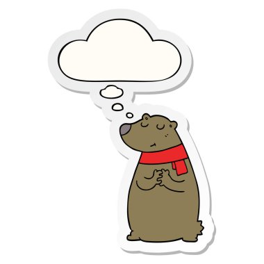 karikatür ayı eşarp giyen ve baskılı bir sopa olarak kabarcık düşünce